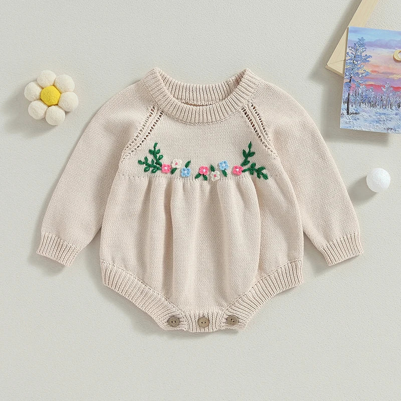 Infant Girls Floral Embroidered Knit Rompers with Long Sleeves and Crew Neckline - Cozy Toddler Jumpsuits for Autumn