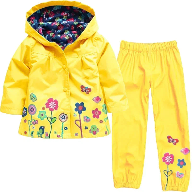 2PCS Unisex Toddler Waterproof Outfit - Spring Autumn Long-Sleeve Flower Print Coat & Pants