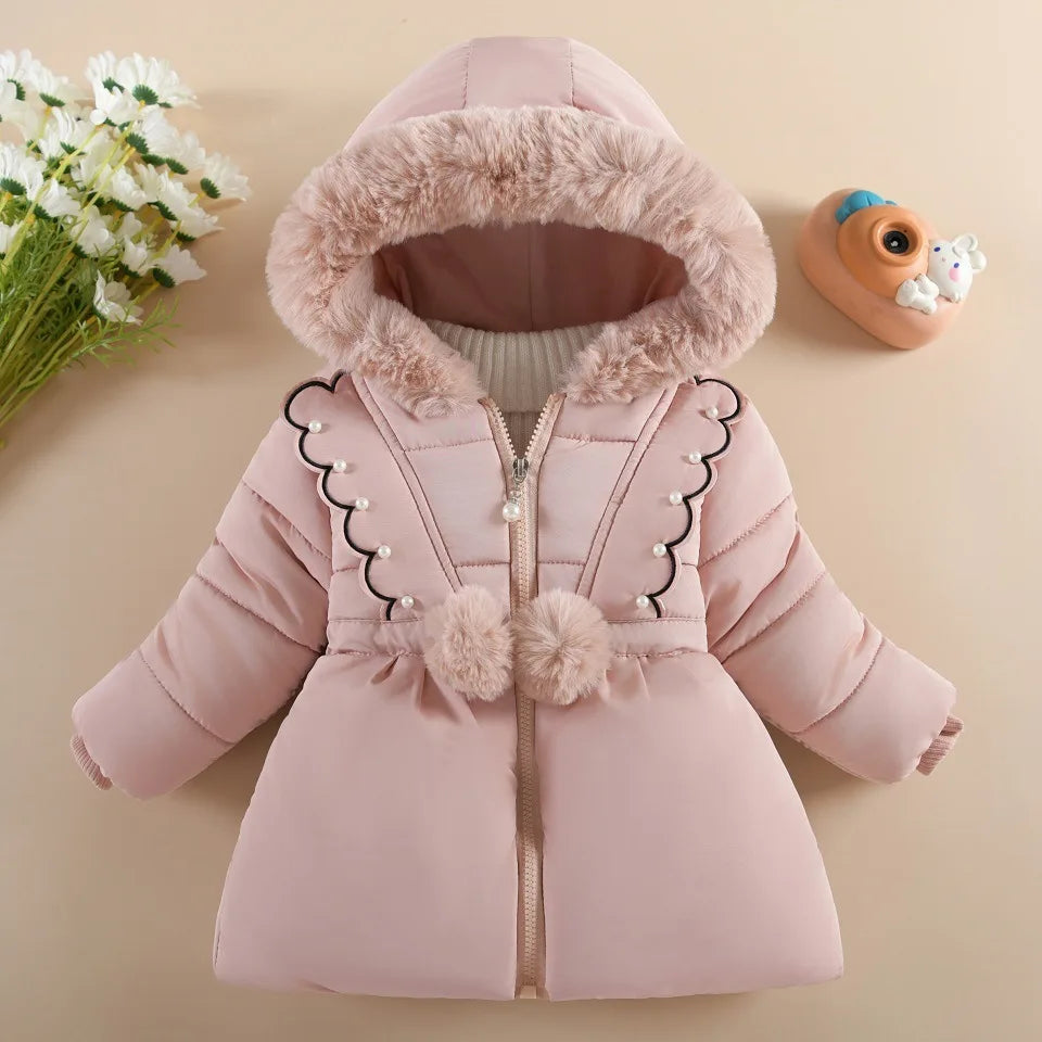 2025 Hooded Windproof coat Winter Girls Outwear Children Thick Cotton Coat Kids Girls Warm Pearls Jacket Plush Collar Outdorr