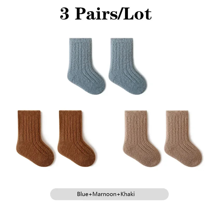 3 Pairs/Lot Warm Baby Socks Autumn Winter Thick Loose Solid Color Kids Mid-Tube Cotton Socks For Boys And Girls