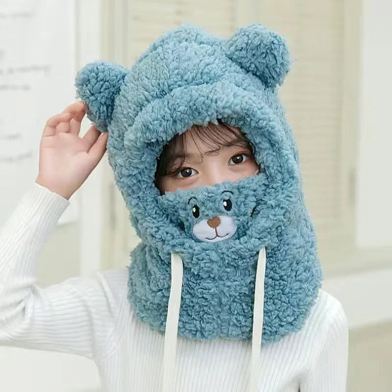 Children's Winter Hat Neck One - Piece Plush Cap with Cute Bear Design, Ear - Protection & Face Cover, for Boys & Girls