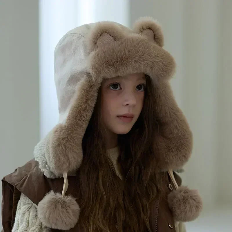 4-8Y New Winter Windproof Integrated Cap Scarf Soft Plush Warm Ear Protection Neck Cute Kids Beanie