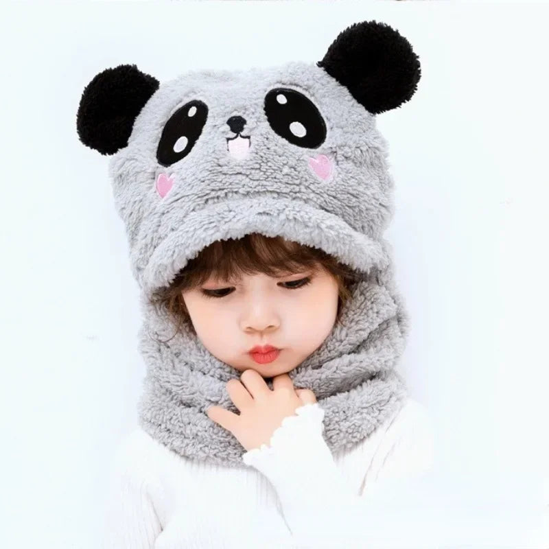 Parent-child 2pcs Hat Scarf Set Cartoon Double Fleece Thicken Warm for Kids Adults Boys Girls Winter
