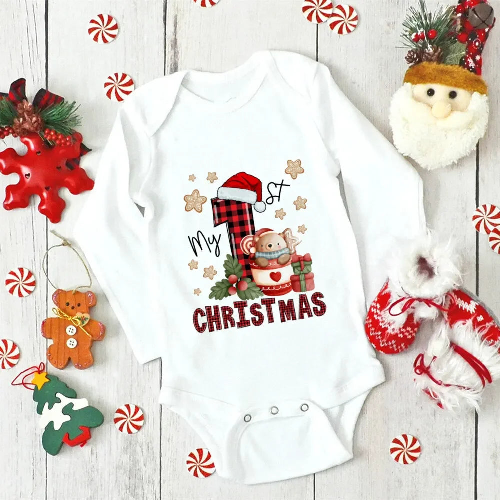 My First Christmas Newborn Baby Long Sleeve Romper Cartoon Deer Santa Printed Outfit Infant Baptism Bodysuit Clothes Xmas Gift