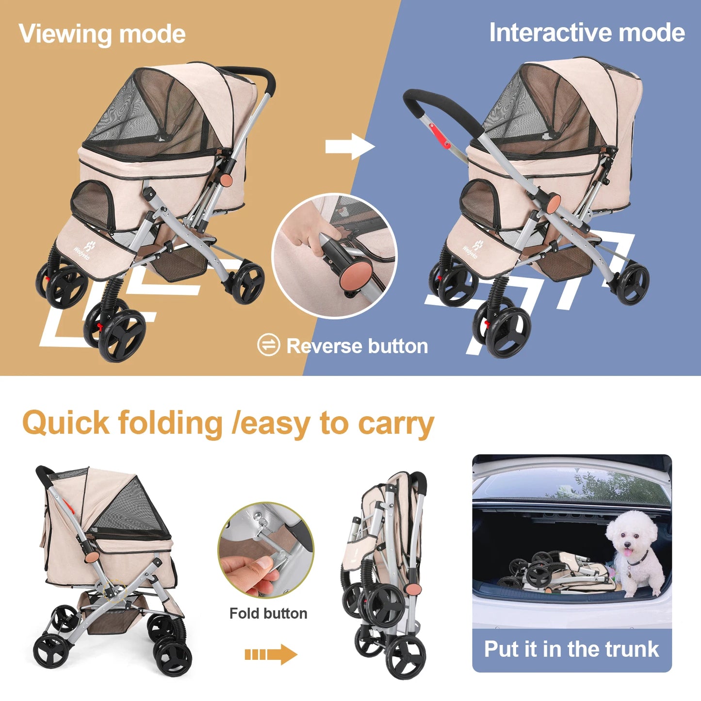 Foldable Cat Dog Stroller  Detachable  Easy Assembly Pet Travel Carrier W/Shock Absorption Folding Resistant to dirt
