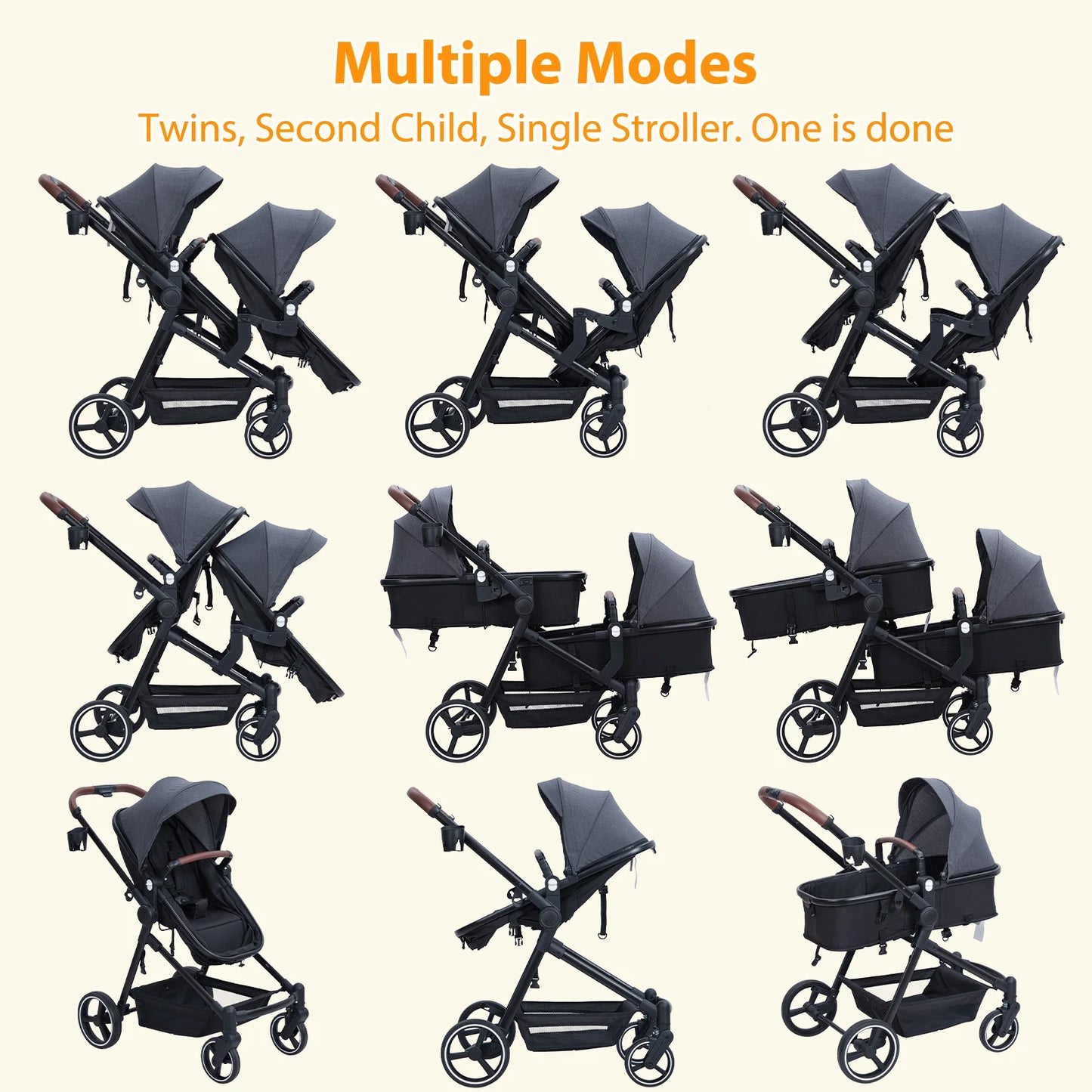 Double Track Tandem Stroller, Foldable Bassinet Pram for Infant and Toddler, Reversible Pushchair, Adjustable Backrest & Canopy