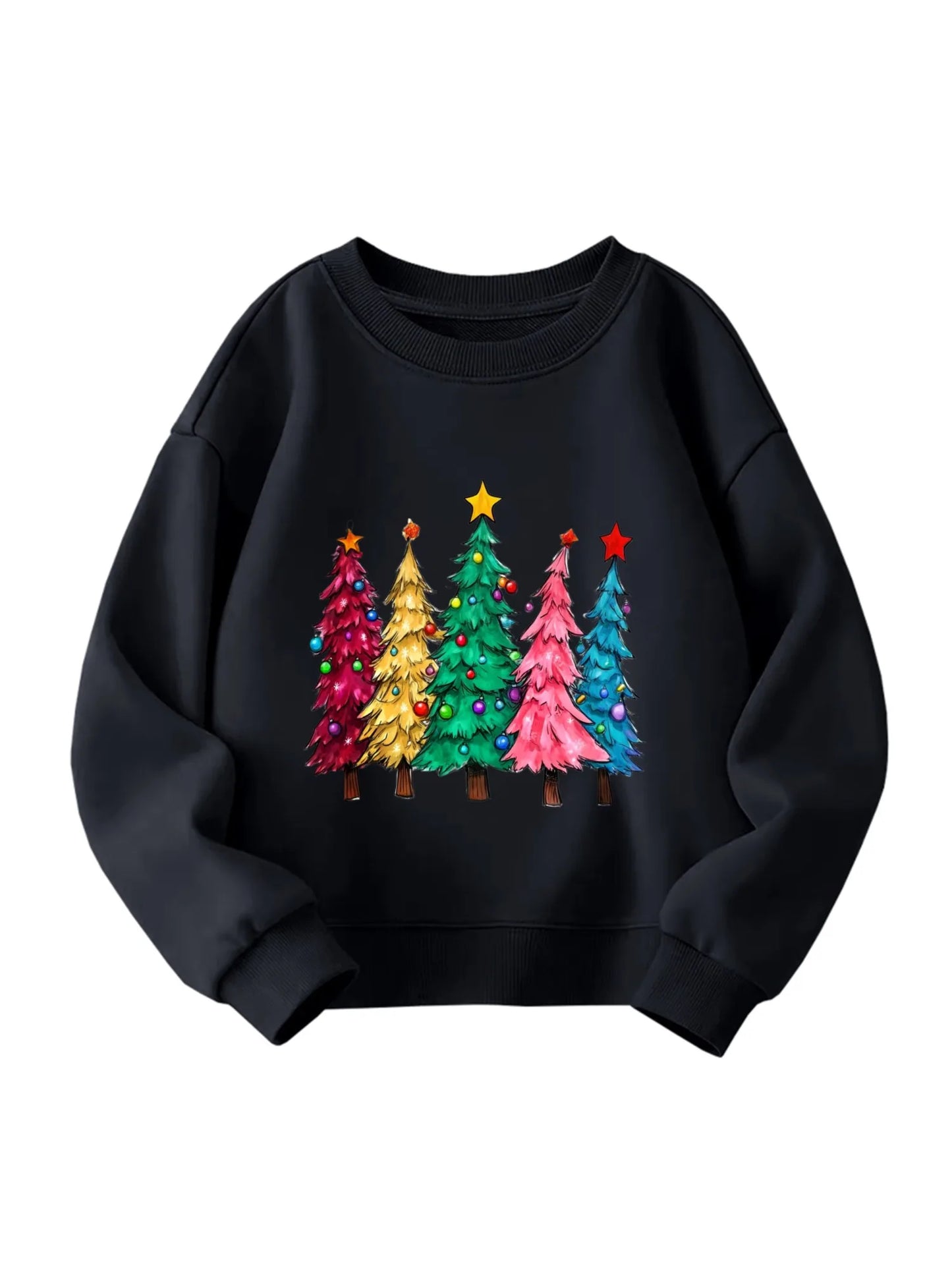 Kids Children's Cotton Sweatshirt Colorful Christmas Trees with Star Toppers for Boys Girls Winter Seasonal Theme Outfit