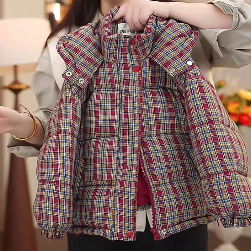 2025 New Retro Checkered Down Cotton Jacket for Children's Winter Thickened Warm Cotton Jacket Children's Coat