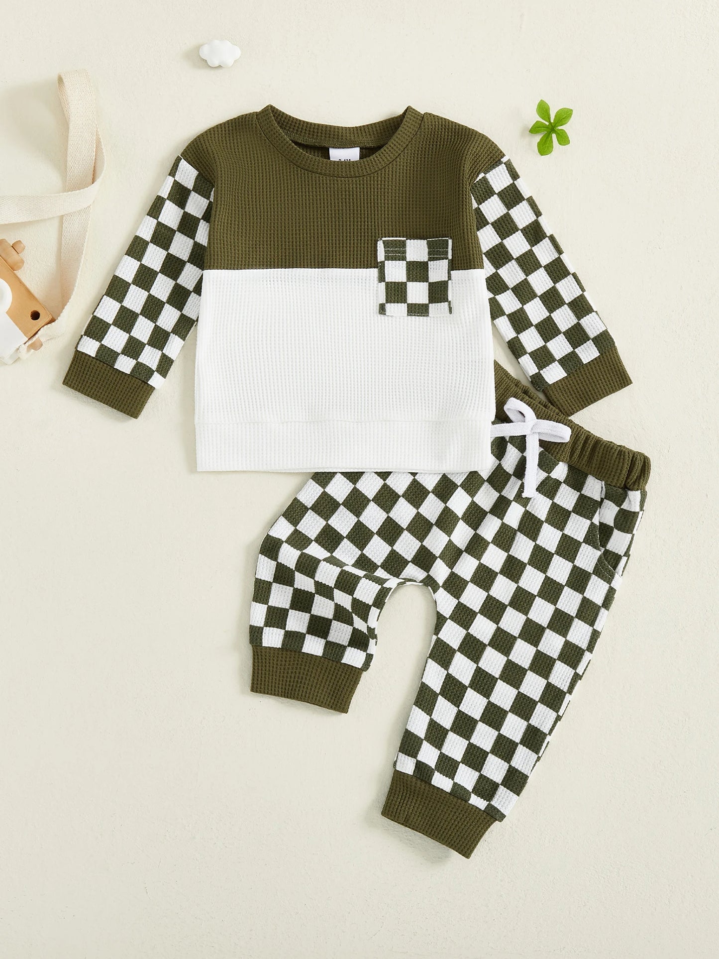 Toddler Boy Fall Waffled Outfits Checkerboard Long Sleeve Pocket Pullover Elastic Waist Long Pants 2 Pcs Set