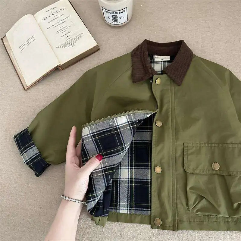 2025  Spring Autumn Kids Boys Jacket Plaid Spliced Pocket Long Sleeve Toddler Boys Outerwears Coat Children Boys Jacket