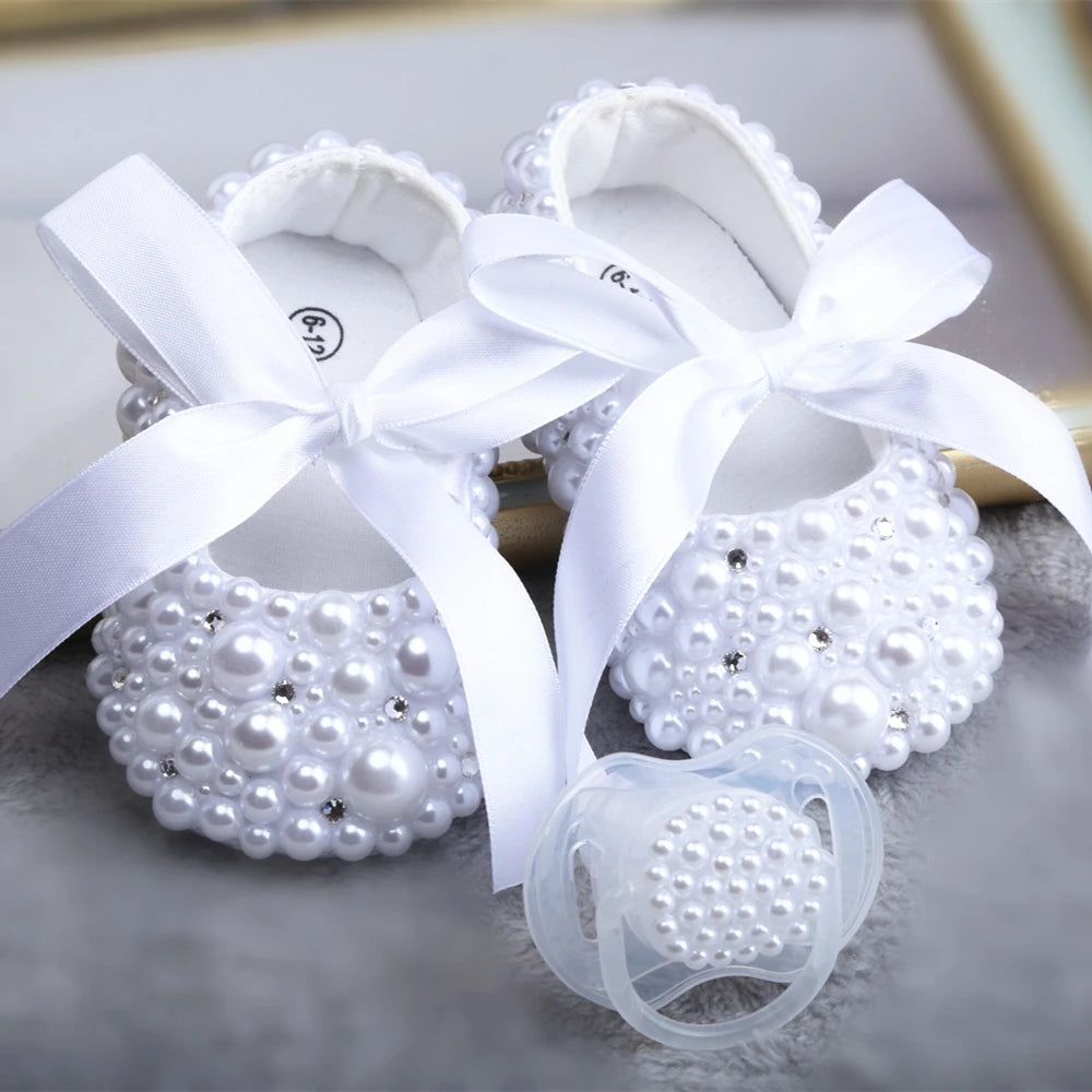Dollbling Handmade White Pearls Bling Rhinestone Baby Crib Shoes Christening Outfit Wedding Sparkle Organza Baptism 0-3m Shoes
