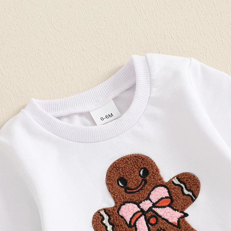 Toddler Girl Boy Christmas Outfits Embroidery Long Sleeve Sweatshirt with Gingerbread Man Print Pants Set