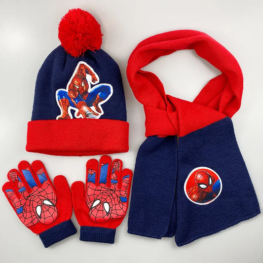 3Pcs Marvel Spider-Man Kids Winter Knitted Hat Scarf Gloves Sets Warm Cartoon Superhero Boys Girls Cold Weather Christmas Gifts
