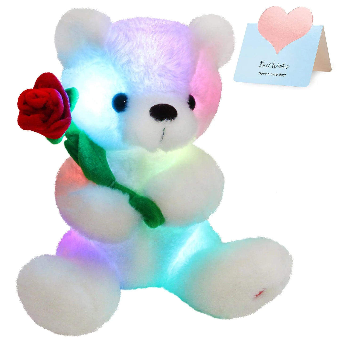 Glow White Teddy Bear with Rose Stuffed Animal Soft Light Up Plush Toy LED Night Lights Birthday Holiday Gifts for Kids Toddler