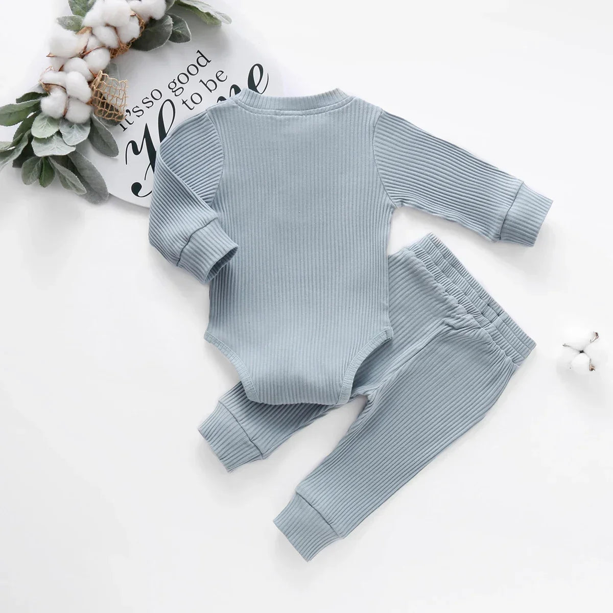 Spring Autumn Newborn Infant 2PCs Clothes Set for Boys & Girls Ribbed/Plaid/Solid Long Sleeve Bodysuit + Elastic Pants