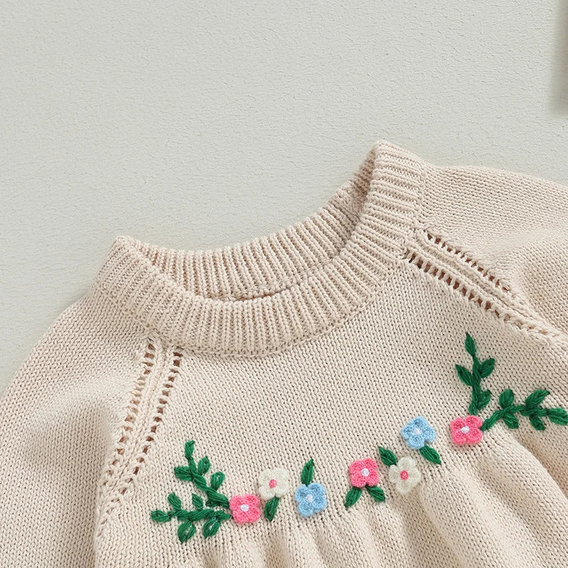 Infant Girls Floral Embroidered Knit Rompers with Long Sleeves and Crew Neckline - Cozy Toddler Jumpsuits for Autumn