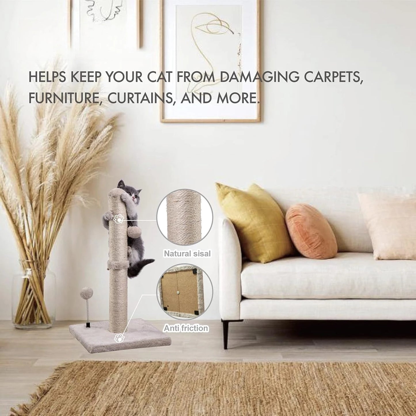 Cat Scratching Post with Hanging Ball - 22” Sisal Scratch Pad for Kittens & Small Cats - Durable Basics Design - Beige