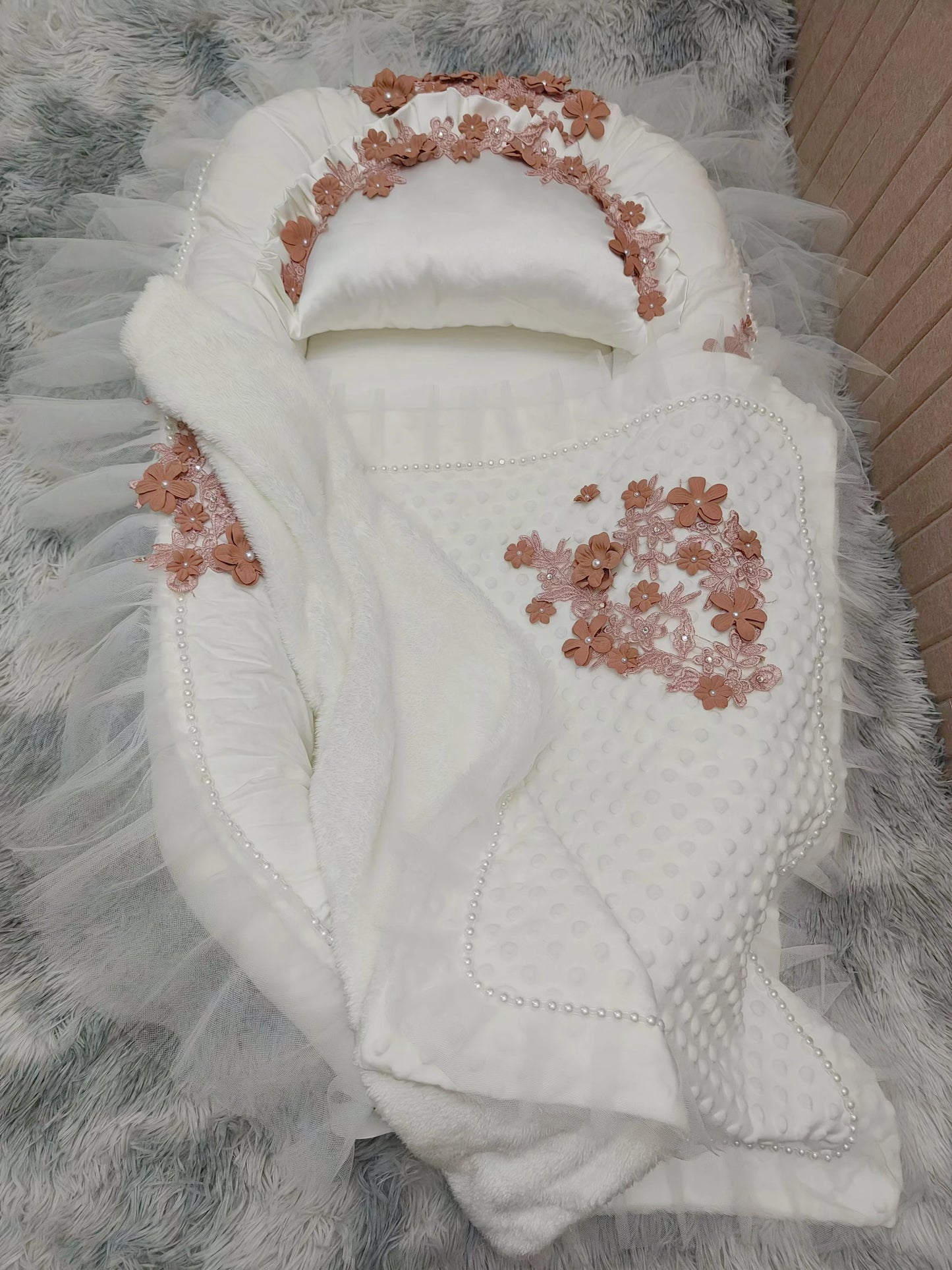 White Baptism Baby Coming Home Hospital Outfit Cotton Romper Knitted Back pants Receiving Blanket Swaddle Gift Set