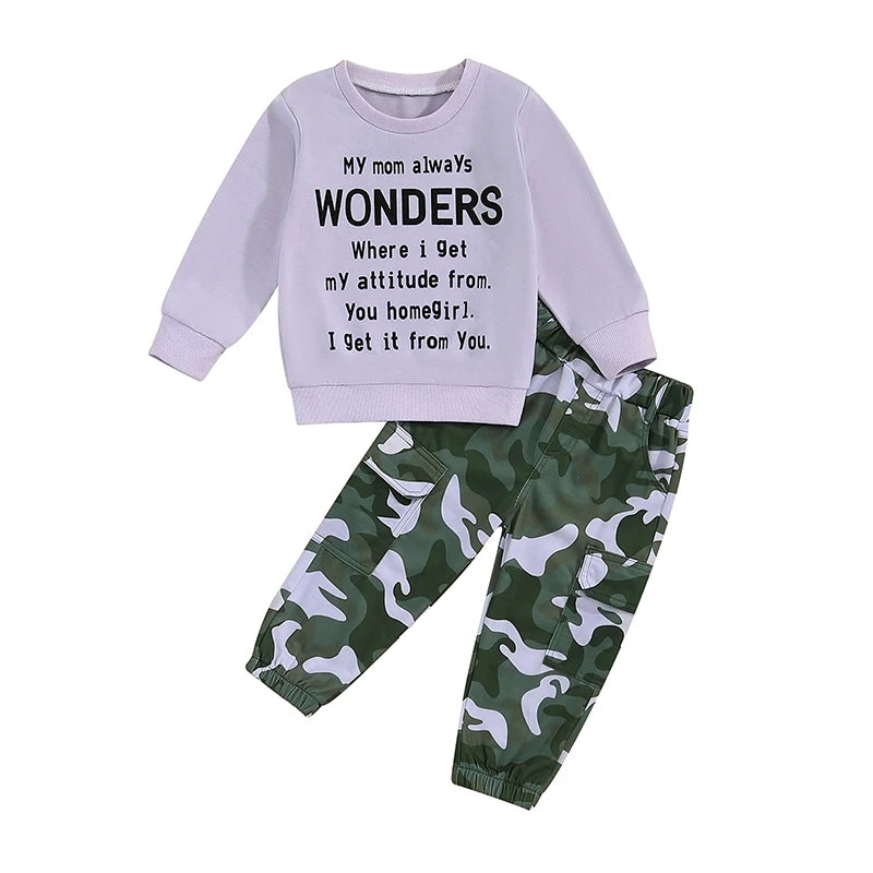 Girls 2-Piece Autumn Outfit with Long Sleeve O Neck Top and Camouflage Pants Featuring Letter Print