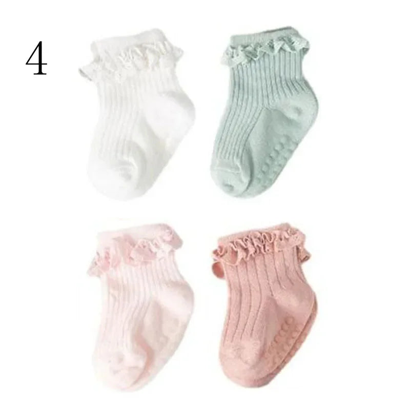 4Pair/lot new baby children's non-slip autumn winter cotton socks solid color baby foot socks