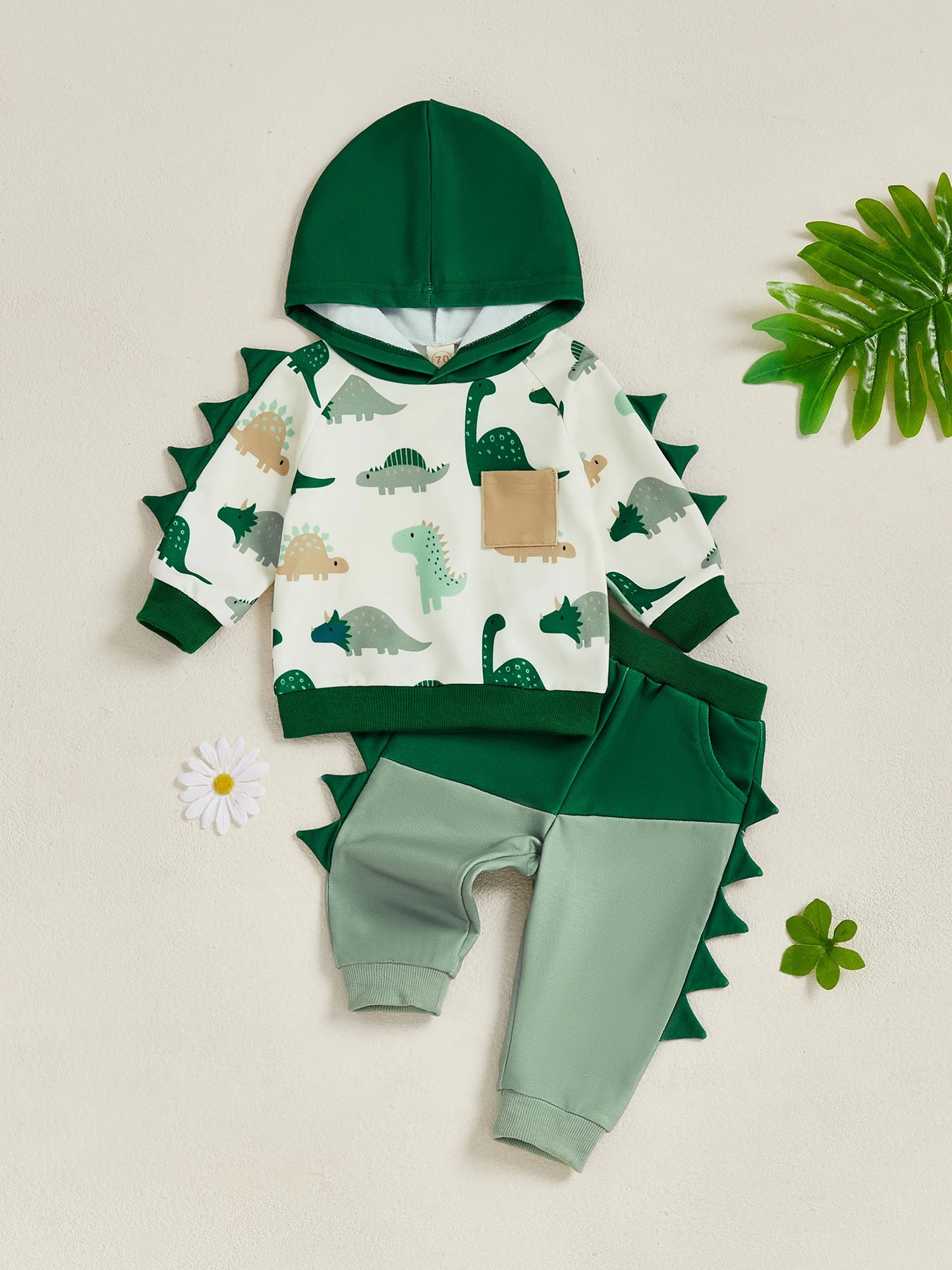 Baby Boy Autumn Clothes Cartoon Dino Pattern Hooded Sweatshirt Stretchy Jogger Pants 2 Piece Suit