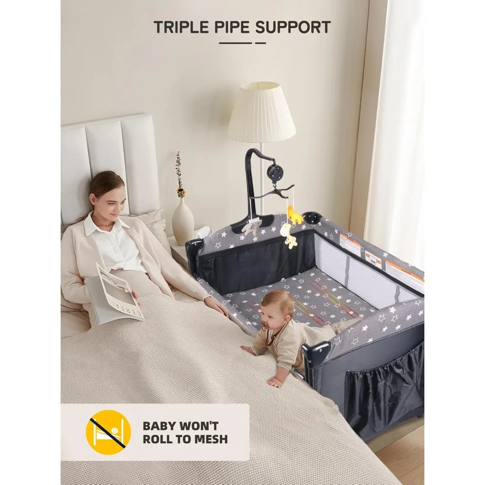 Bedside Bassinet for Baby, Portable Baby Crib with Mosquito Net, Mattress, Diaper Changer, Playpen for Newborn to Toddles, Pack