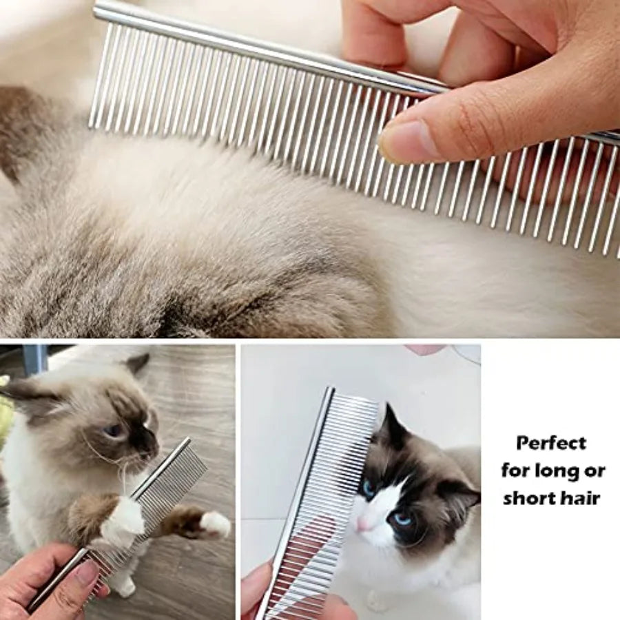 2 Pack Metal Dog Comb with Rounded Teeth for Grooming Pets Stainless Steel Cat and Dog Comb to Remove Tangles and Knots Easily