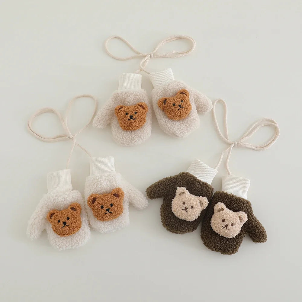 2-5Y Kids Cute Bear Full Finger Gloves - Winter Lamb Wool Warm Windproof Cold-Proof Outdoor Mittens for Boys & Girls