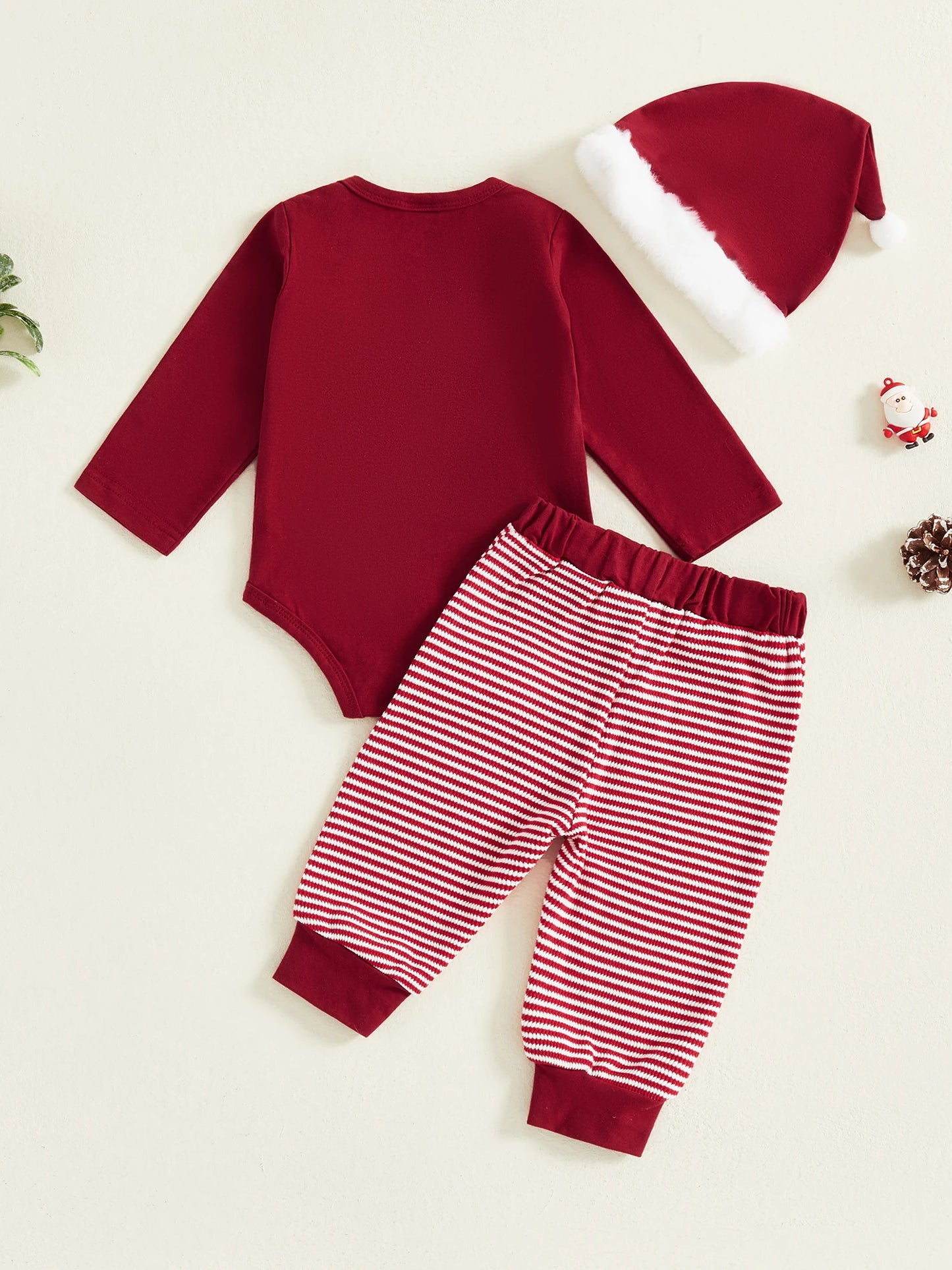Toddler Boy Winter Holiday Outfit Santa Claus Embroidered Romper Striped Pants and Hat 3-Piece Set for Christmas