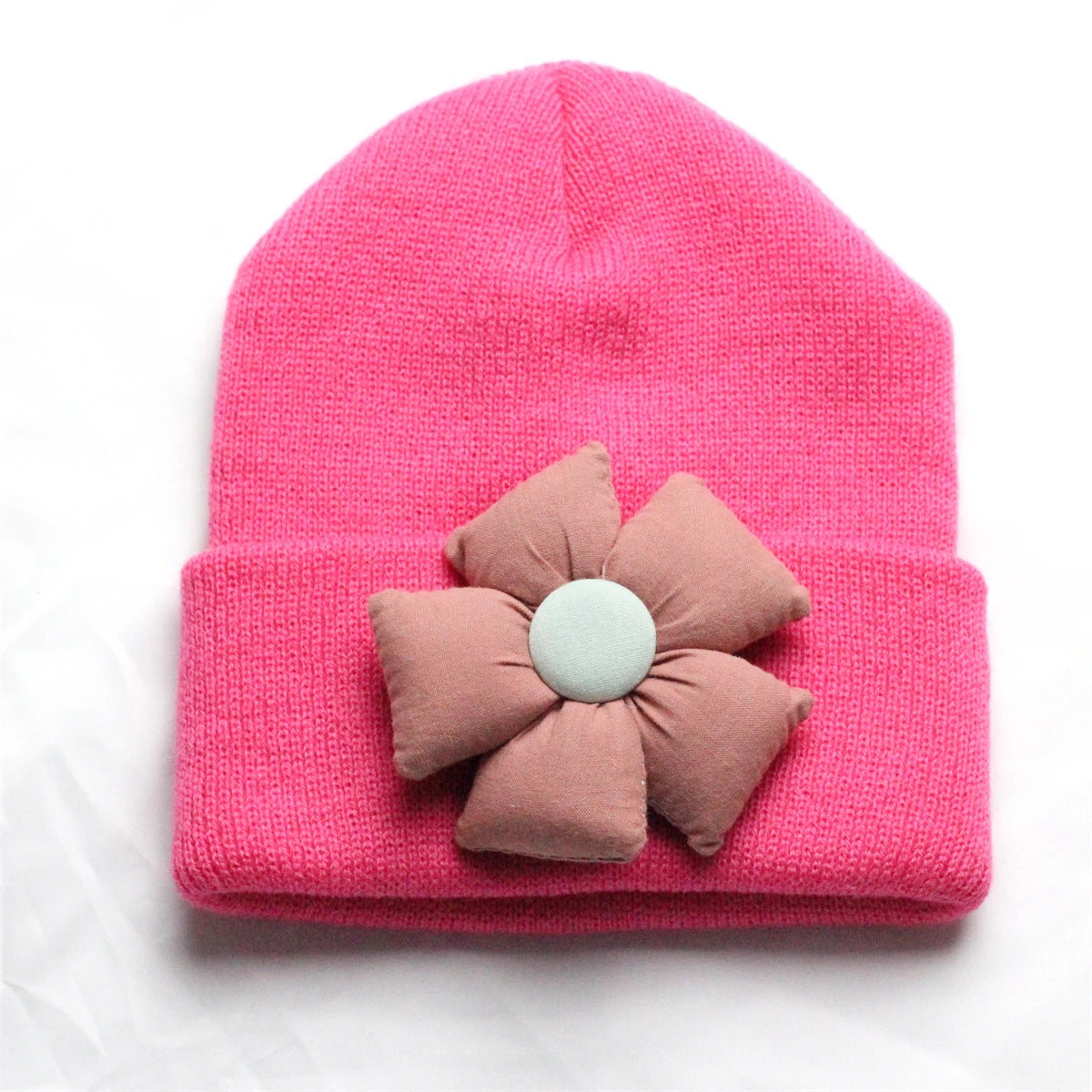 Flower Winter Knitted Hat for Baby Girl Hair Accessories Newborn Cute Winter Crochet Beanie with Fabric Sun Flower Infant Bonnet