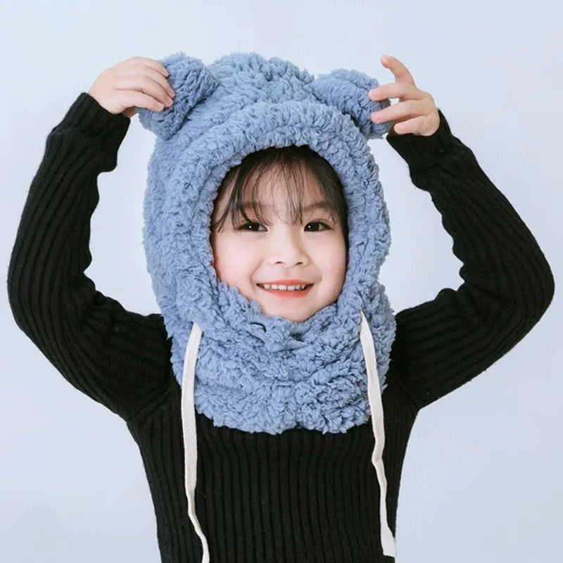 Children's Winter Hat Neck One - Piece Plush Cap with Cute Bear Design, Ear - Protection & Face Cover, for Boys & Girls