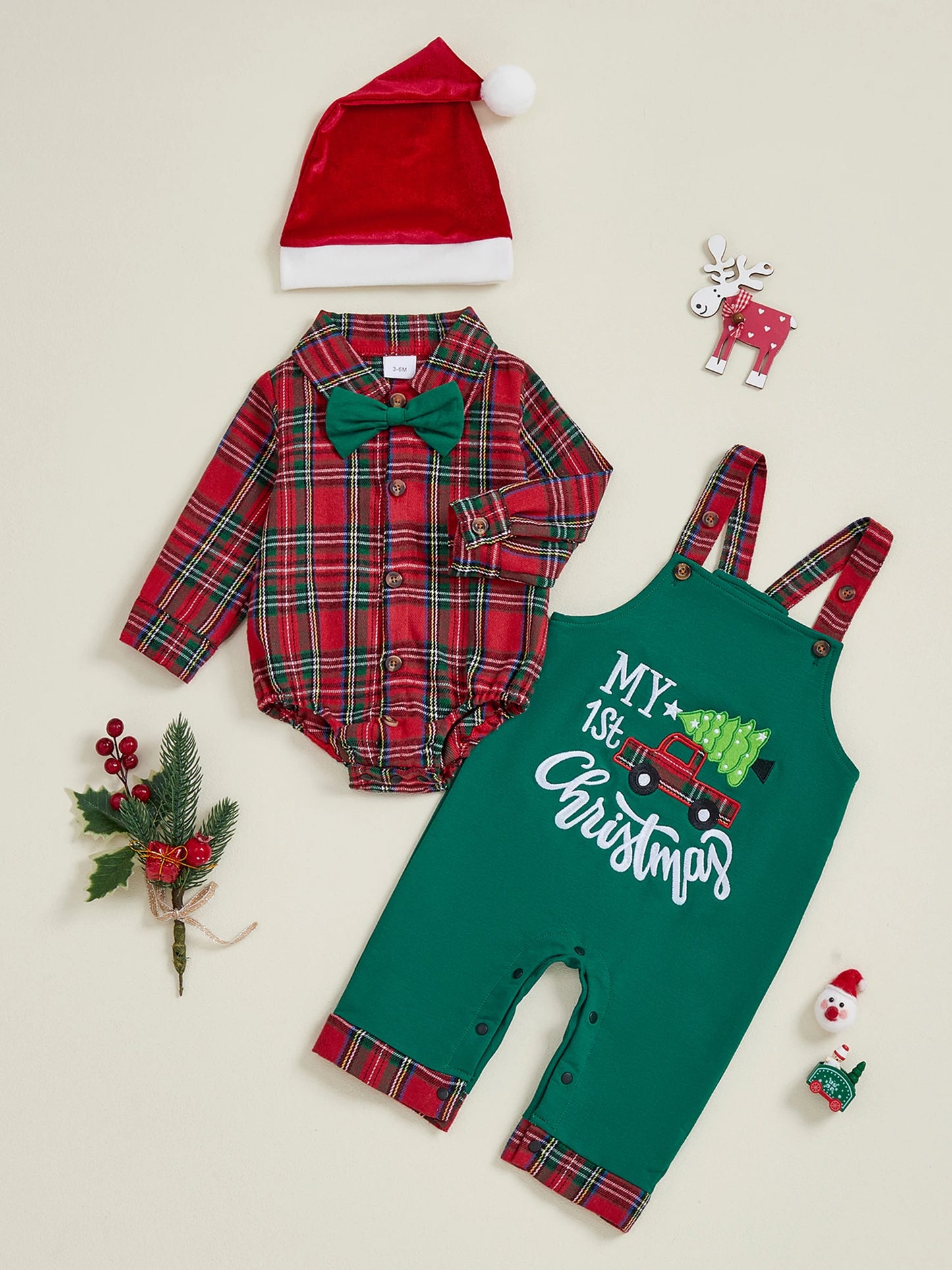 Toddler Boy Winter Outfit Plaid Shirt Long Sleeve Overalls Pants and Hat 3Pcs Christmas Clothes Set Letter Embroidery Jumpsuit