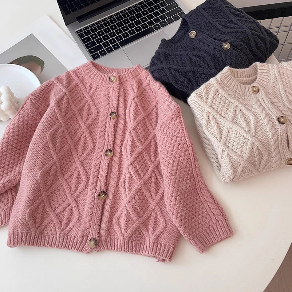 Kid Knitting Sweater Child Autumn Winter Solid Casual Cardigan Knitted Coat Baby Girls Long Sleeves Knitwear Top Twisted Clothes