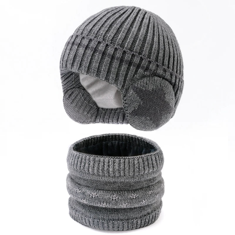 2pcs 3-12Y Kids Autumn Winter Set Warm Thick Windproof Ear Protection Hat Scarf for Boys Girls