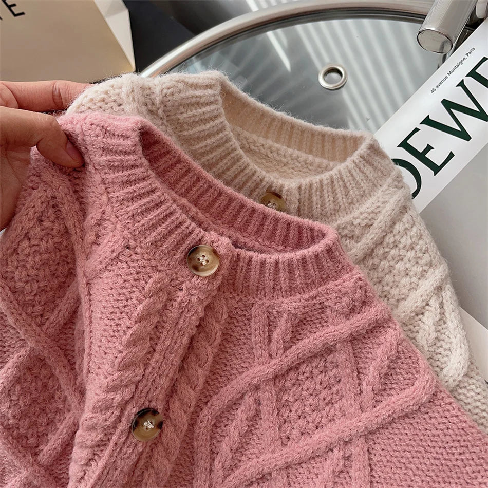 Kid Knitting Sweater Child Autumn Winter Solid Casual Cardigan Knitted Coat Baby Girls Long Sleeves Knitwear Top Twisted Clothes