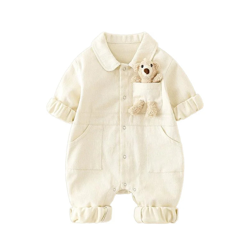 Spring Denim Baby Jumpsuit Cartoon Pocket Bear Romper for Boys Girls Newborn Overalls Korean Style Onesie Autumn Kids Clothing