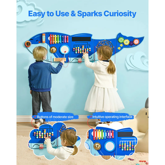 SucceBuy Orca Kids Wall Busy Board 12 Activities Hanging Panels Montessori Sensory Learning Toys for Toddler 3-12 Play Toys