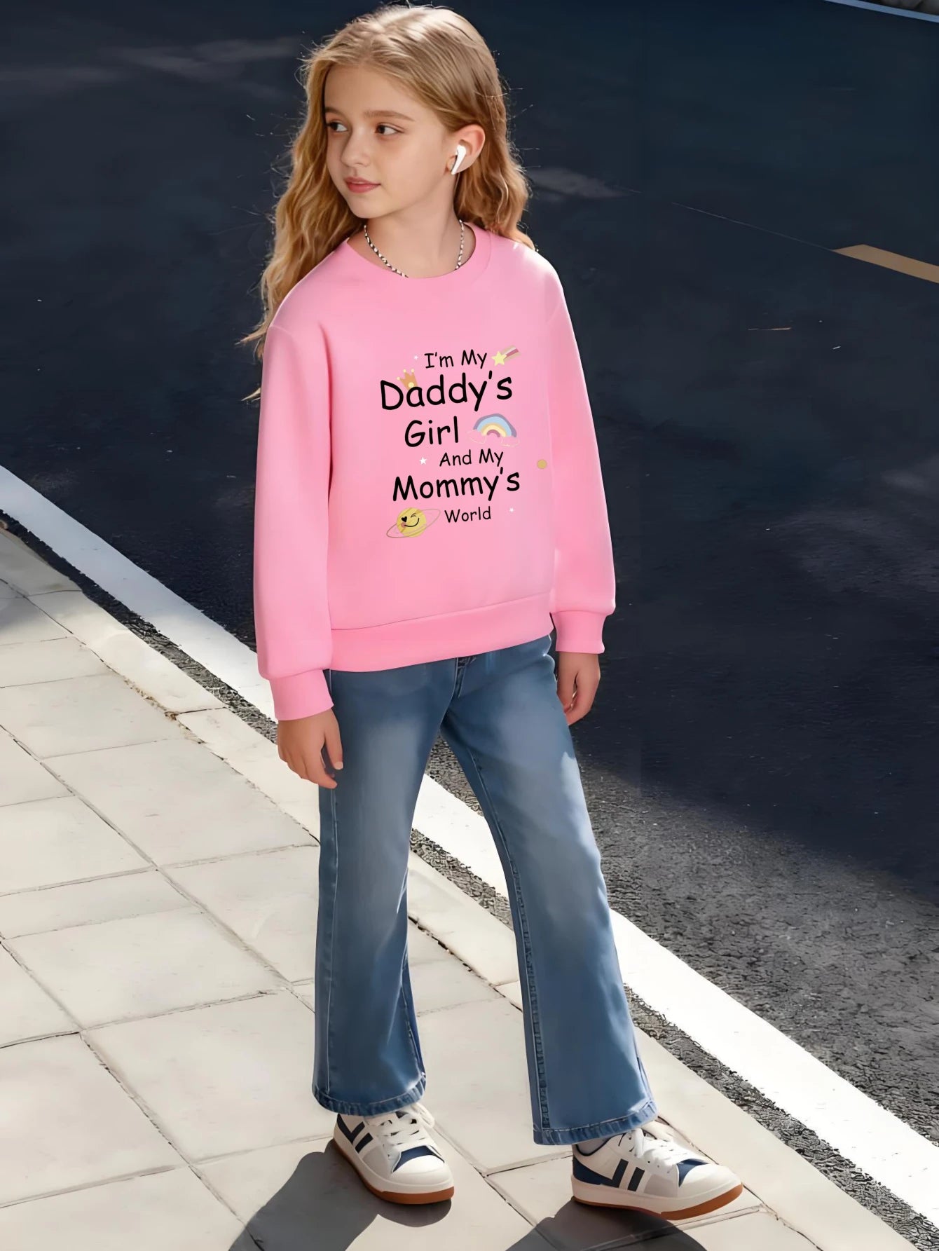 Kids Crew Neck Sweatshirt I'm My Daddy's Girl Mommy's World Rainbow Boys Girls Graphic White Pullover For Family