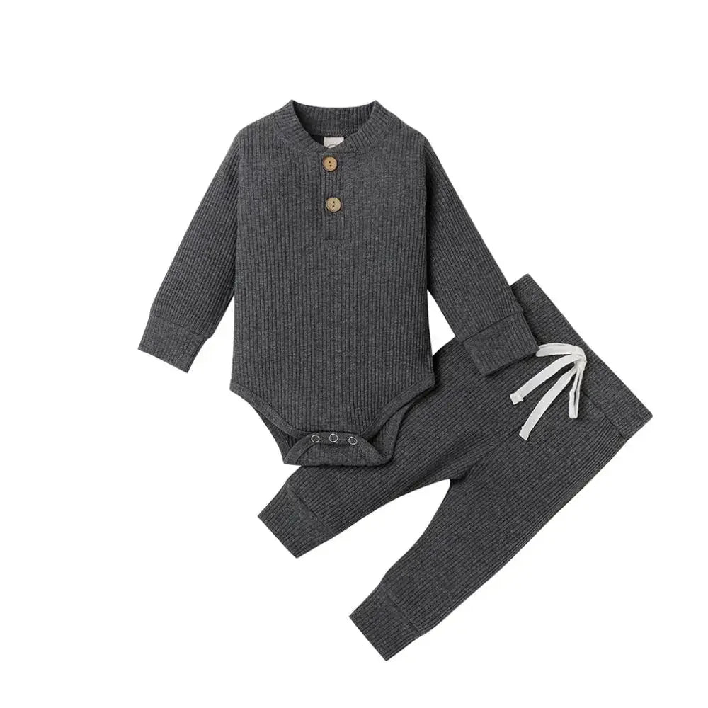 Spring Autumn Newborn Infant 2PCs Clothes Set for Boys & Girls Ribbed/Plaid/Solid Long Sleeve Bodysuit + Elastic Pants
