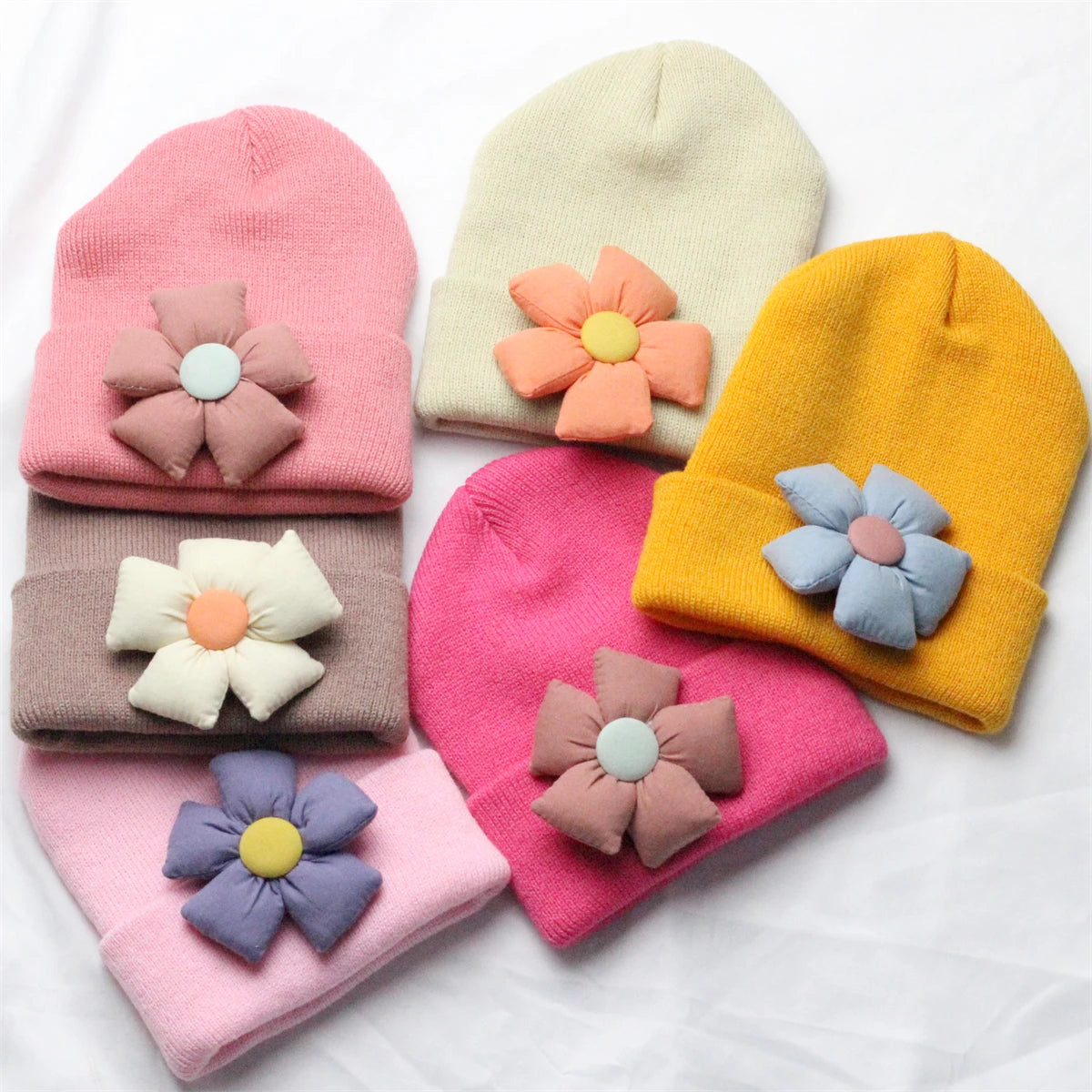 Flower Winter Knitted Hat for Baby Girl Hair Accessories Newborn Cute Winter Crochet Beanie with Fabric Sun Flower Infant Bonnet