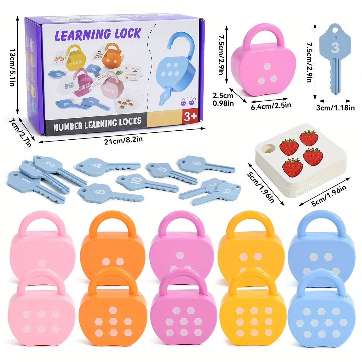 10 Set  Apple Locks Keys Cards Matching Toys Kids Educational Learning Matching Counting Homeschool Math Toy Gift for 3+ Child