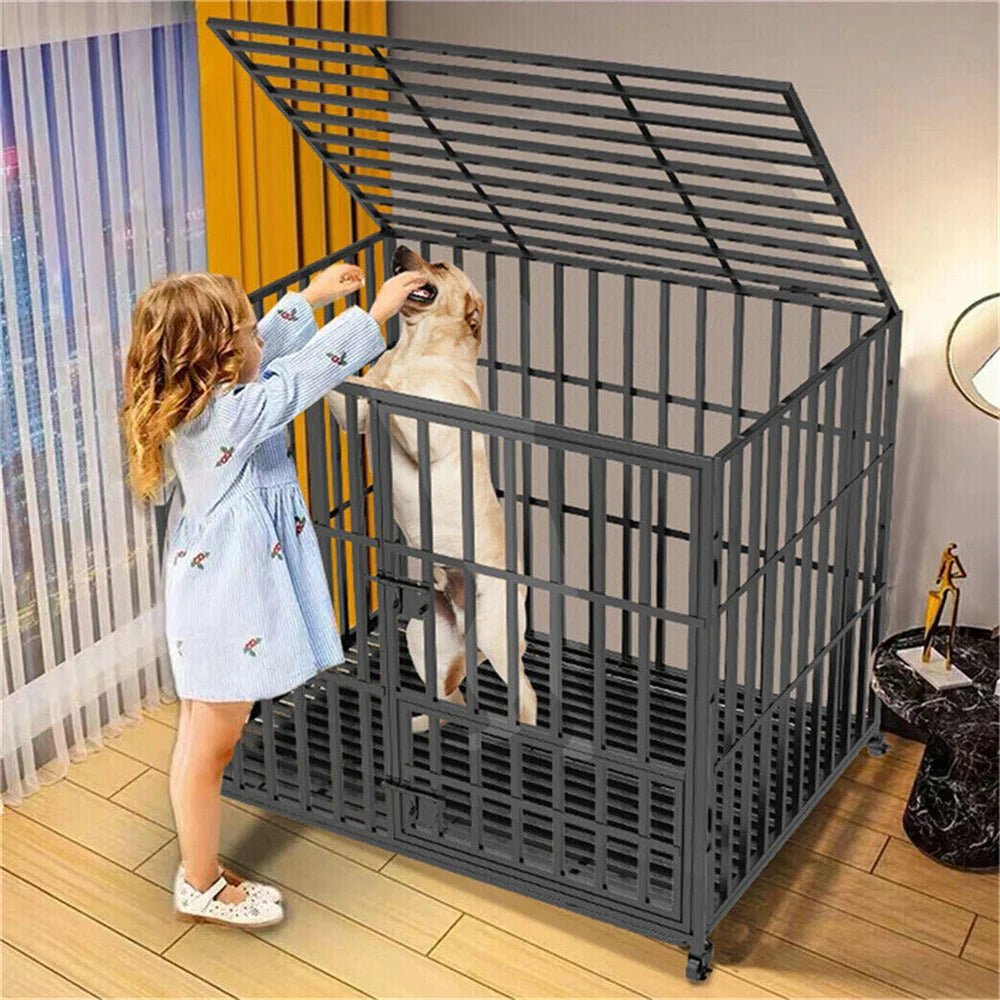 XXL Large Heavy Duty Dog Crate Strong Pet Cage Tear Resistant Square Tube Metal Kennel Playpen with Lockable Wheels and Tray