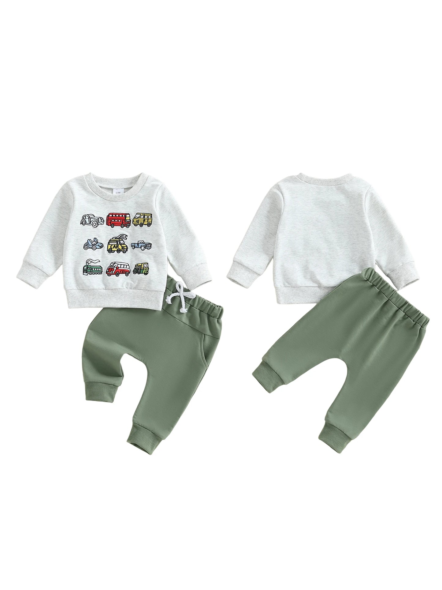 Cute Toddler Boy Autumn Clothes Cars Print Sweater Elastic Waist Pants 2 Piece Set for Fall Season Style
