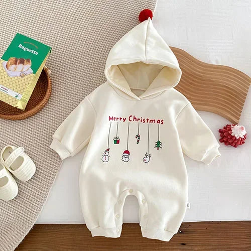 Christmas Children Clothes 0-24M Newborn Baby Boys Girls Bodysuits Long Sleeved Cartoon Velvet Jumpsuit New Year Clothing