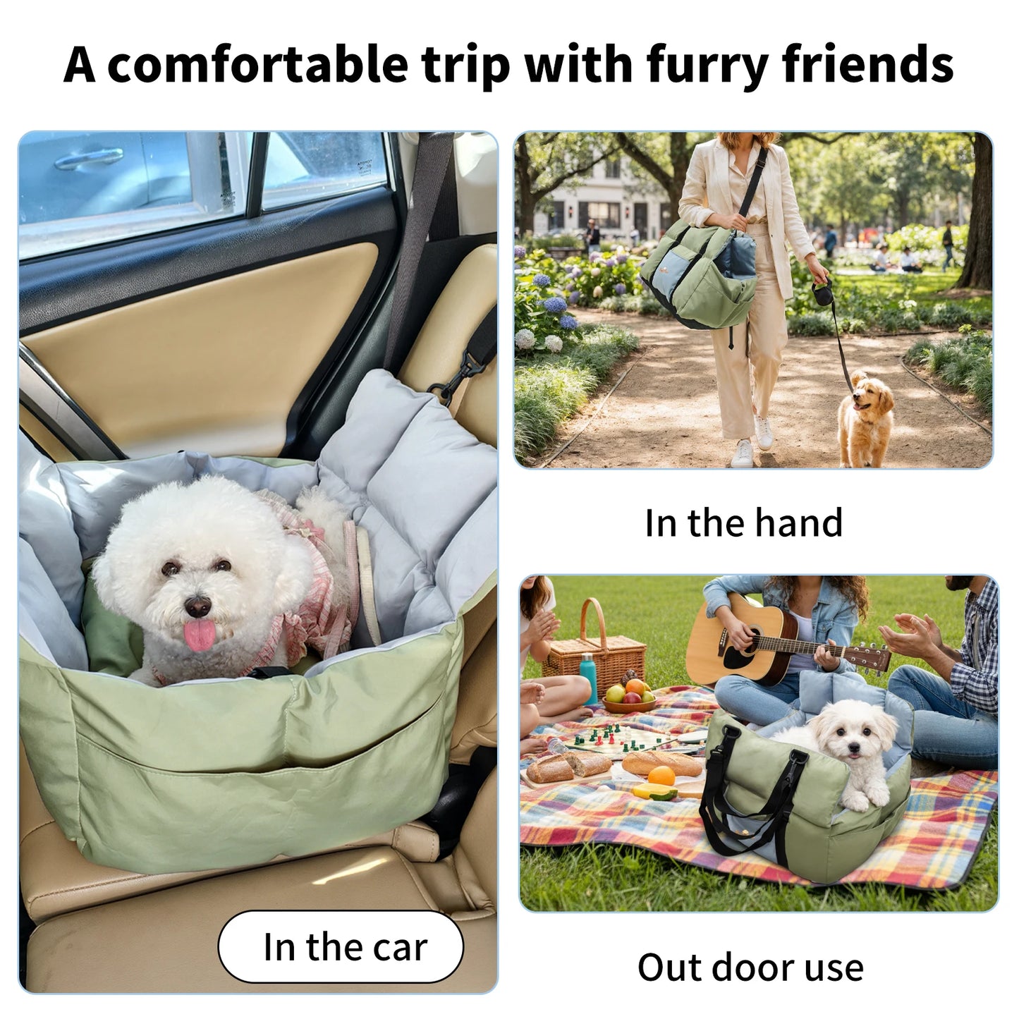 Dog Car Seat Safe & Cozy Travel Bed and Carrier for Small Dogs, Puppies, Pets up to 10 KG, Clip-On Leash & Storage Pockets