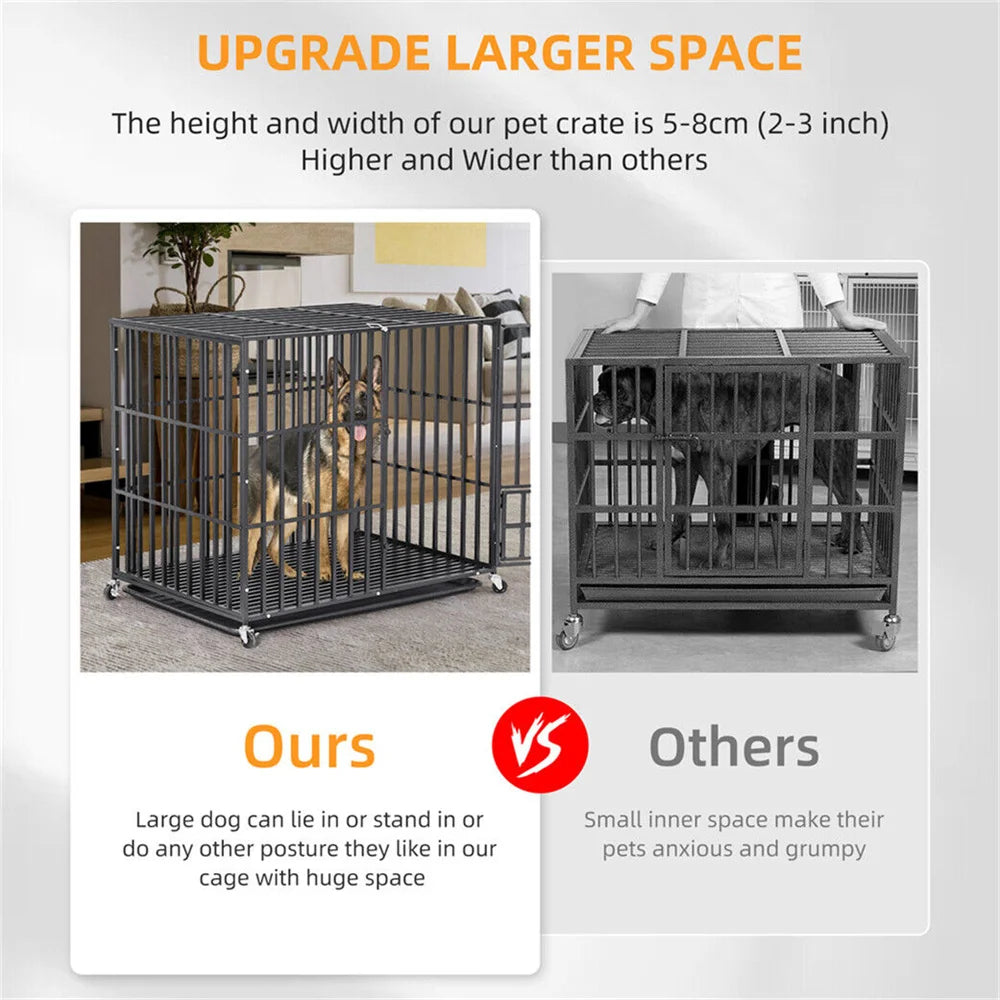 XXL Large Heavy Duty Dog Crate Strong Pet Cage Tear Resistant Square Tube Metal Kennel Playpen with Lockable Wheels and Tray
