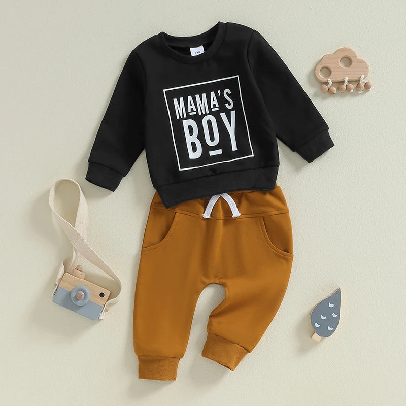 Toddler Baby Boy Fall Winter Clothes Mamas Little Boy Outfit Letter Long Sleeve Sweatshirts and Jogger Pants Set