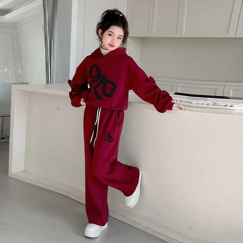 Fleece-lined Top & Pants 2-Piece Set Hoodies Bow Girls' Outfits Children's Clothing Korean Kids Clothes 11 12 Years Girl 10 Old