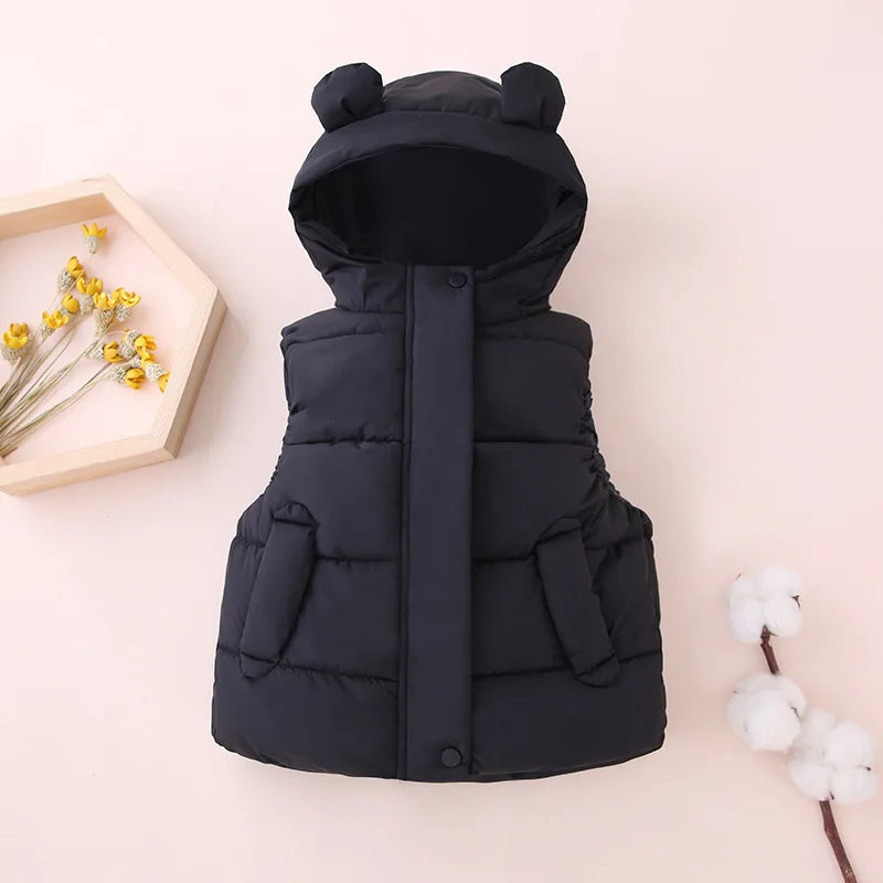 1-7Y Toddler Kids Hooded Waistcoats Solid Children Cotton Padded Warm Vests Baby Boys Girls Sleeveless Jackets Insulated Clothes