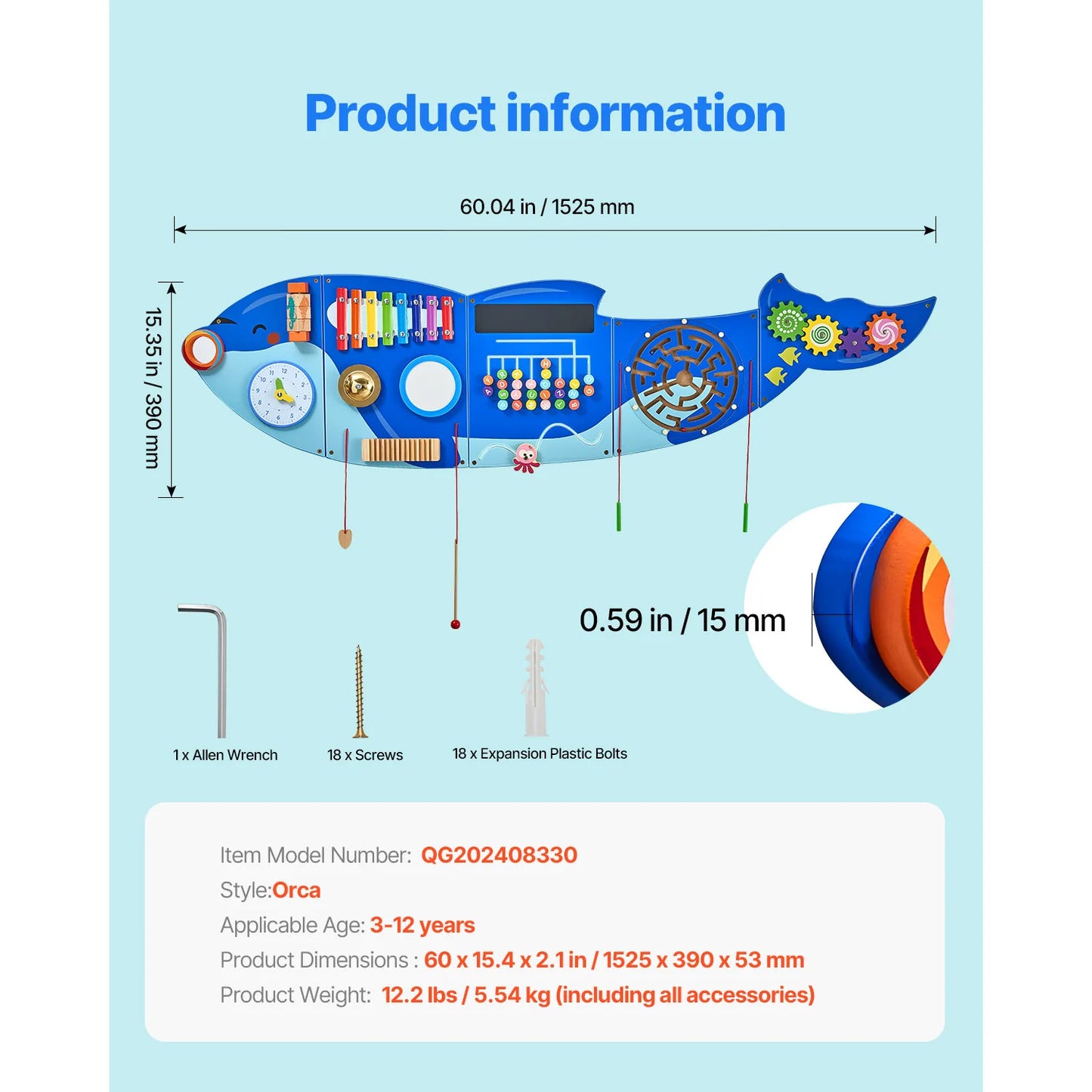 SucceBuy Orca Kids Wall Busy Board 12 Activities Hanging Panels Montessori Sensory Learning Toys for Toddler 3-12 Play Toys